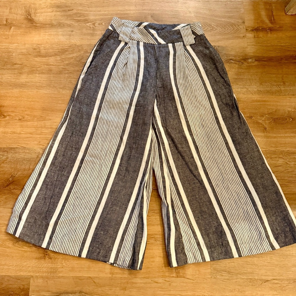 Free People 100% Linen Tailored Striped Wide-Leg Cropped Pants Beachy Boho Wms 8